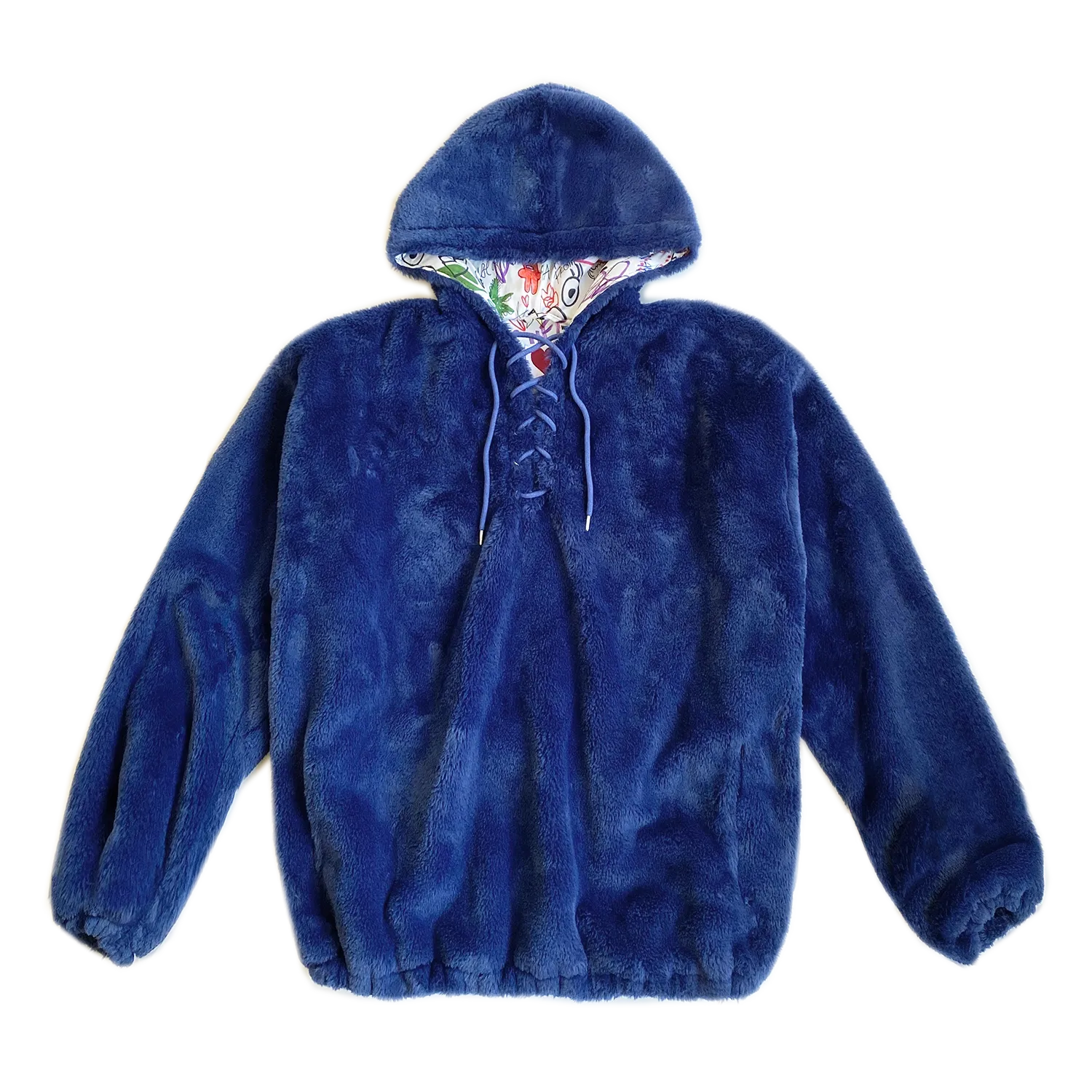 100% Recycled Teddy Lace-up Hoodie - Marine Blue