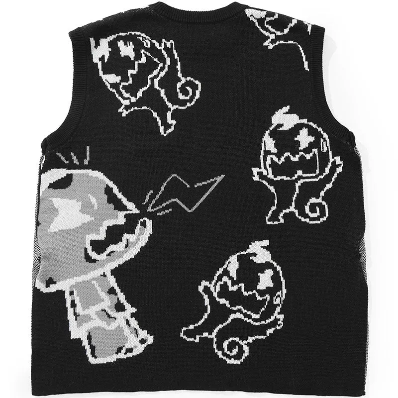 Black Jacquard Crew Neck Sleeveless Knit Vests