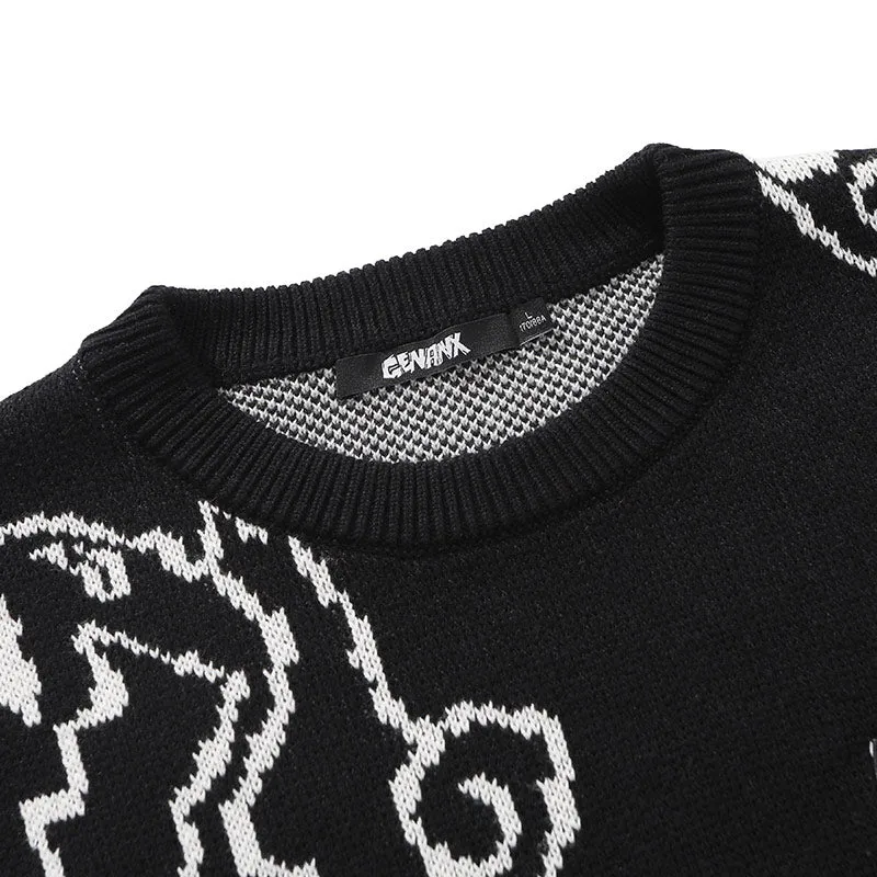 Black Jacquard Crew Neck Sleeveless Knit Vests