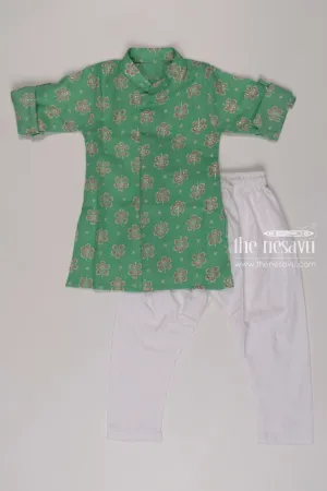 Boys Spring Green Floral Kurta with White Pants Set