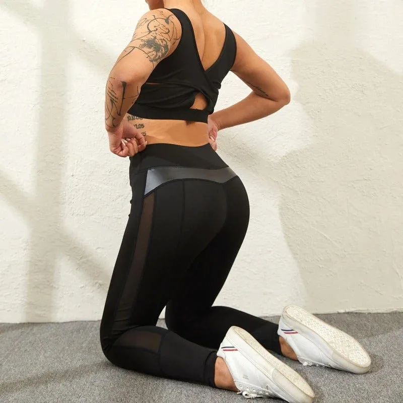 Butt Lifting High waist Fitness Gym Leggings With Mesh And PU Leather Patchwork