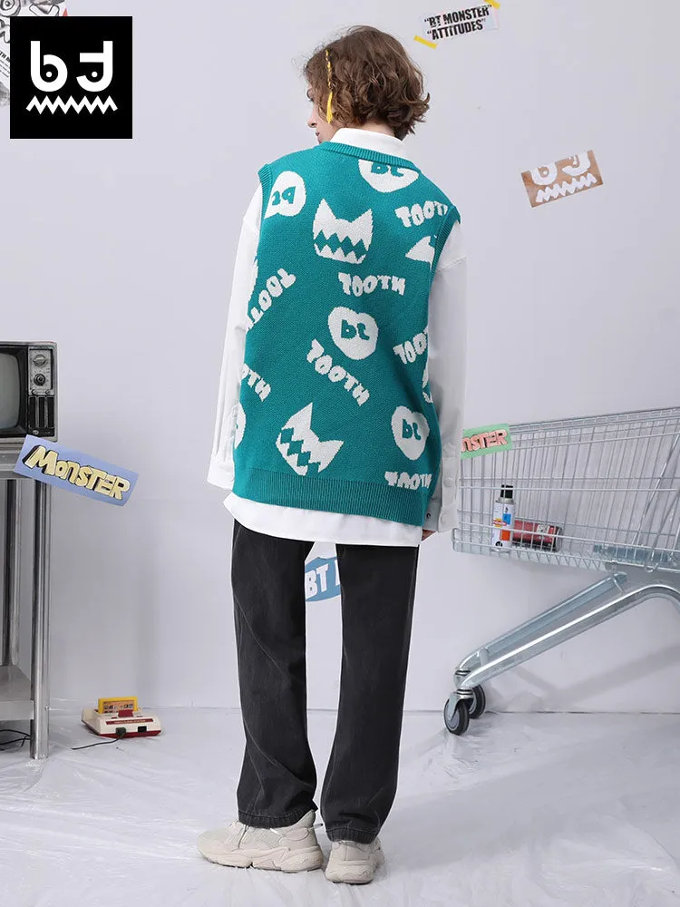 Cartoon love letter jacquard V-neck sleeveless baggy vest sweater