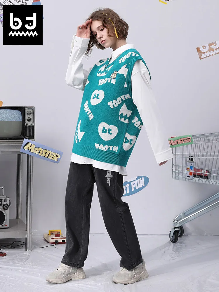 Cartoon love letter jacquard V-neck sleeveless baggy vest sweater