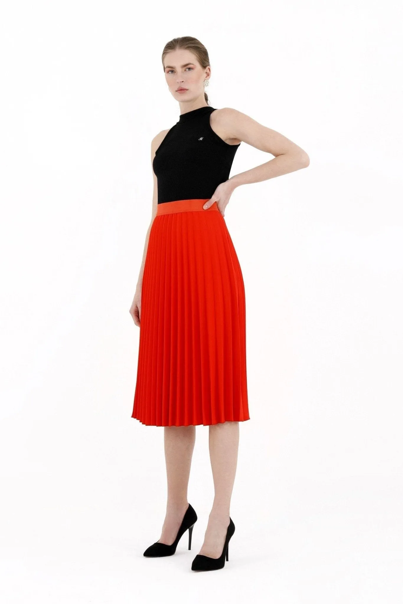 Coral Pleated Skirt High Waist Elastic Waist Band Midi Skirt