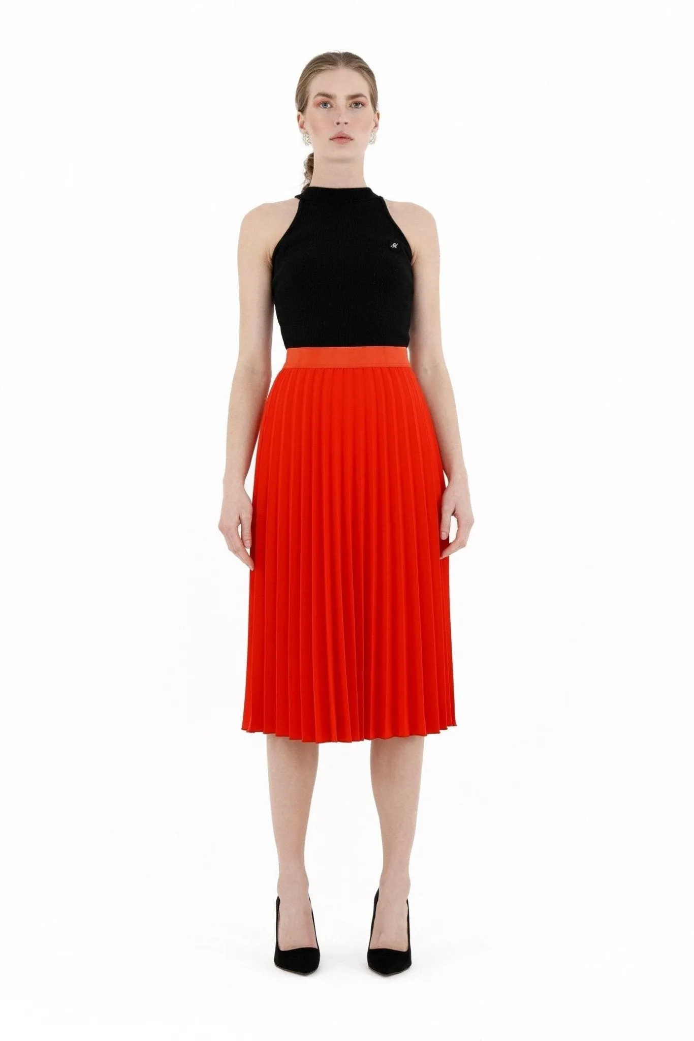 Coral Pleated Skirt High Waist Elastic Waist Band Midi Skirt