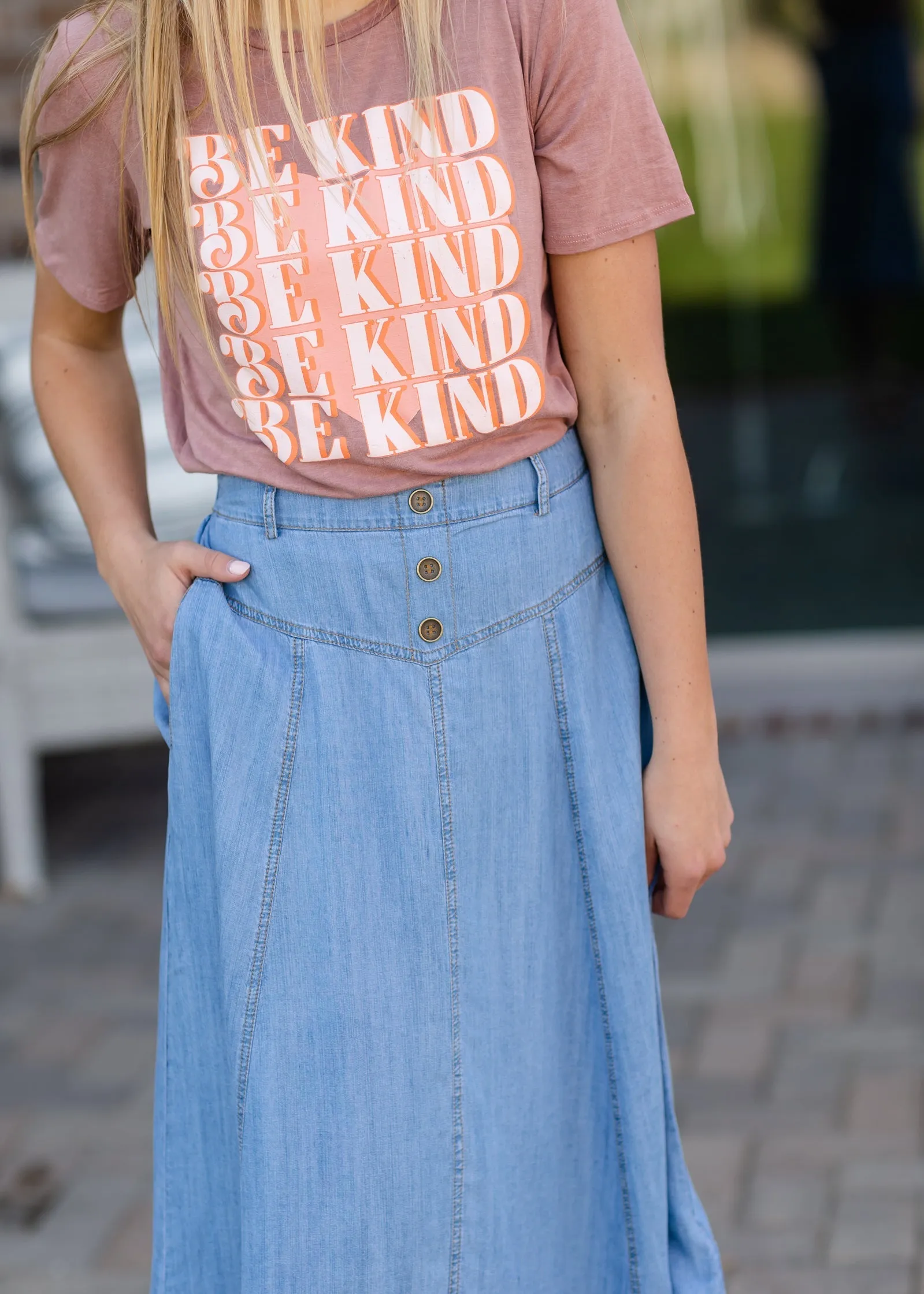 Faux Button Flowy Chambray Midi Skirt