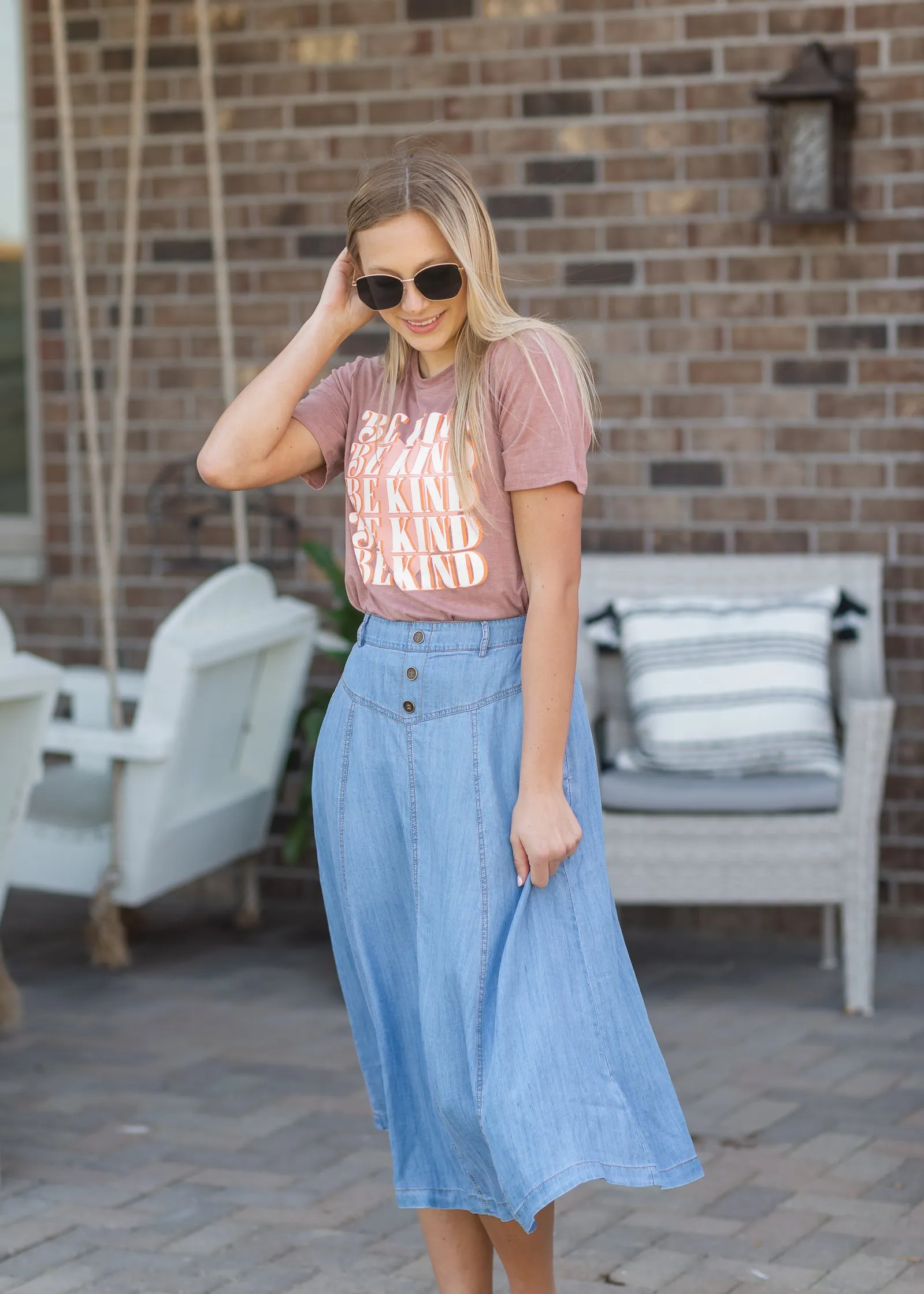 Faux Button Flowy Chambray Midi Skirt