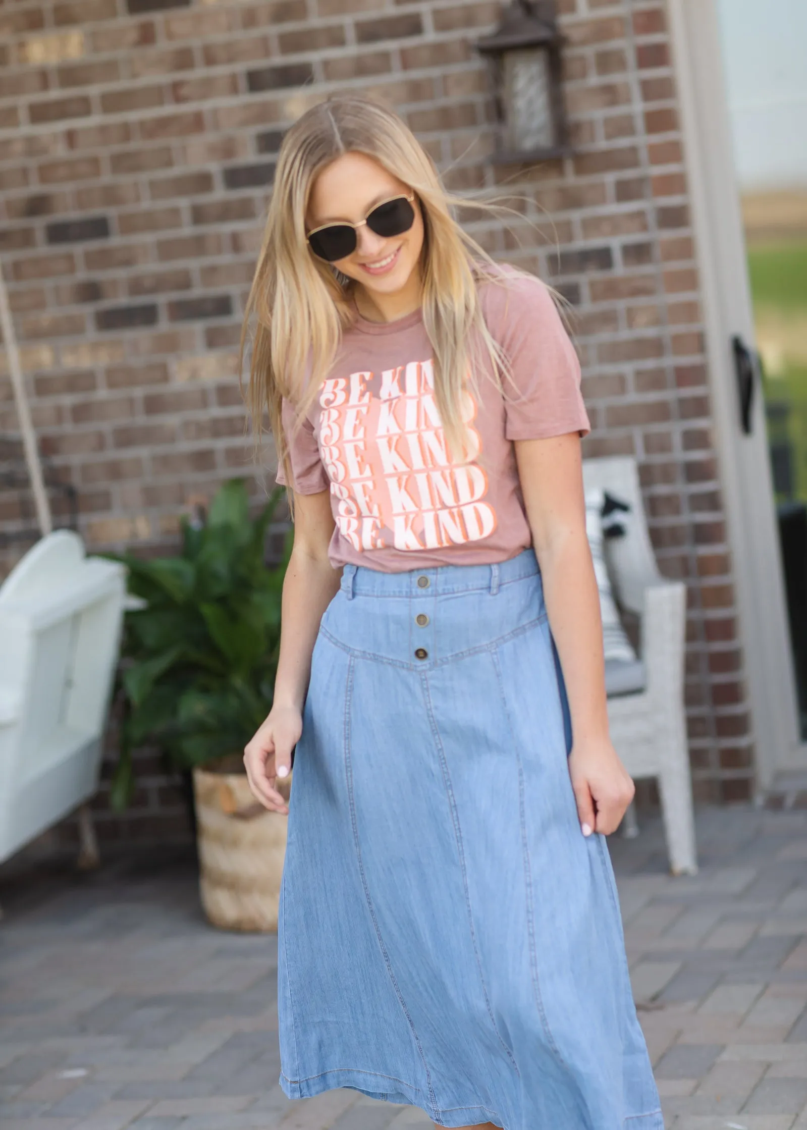 Faux Button Flowy Chambray Midi Skirt