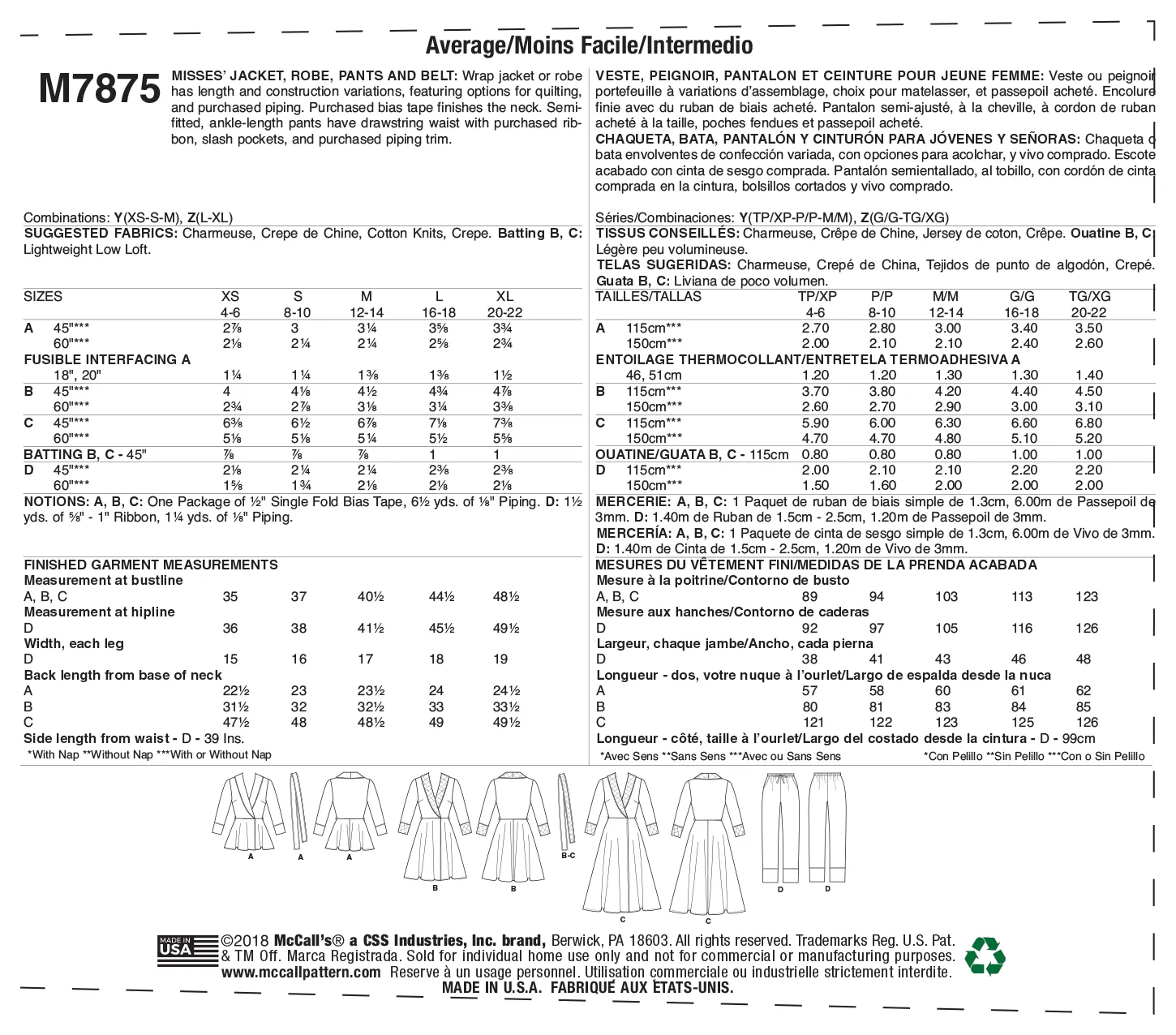 M7875 Misses' Jacket, Robe, Pants and Belt