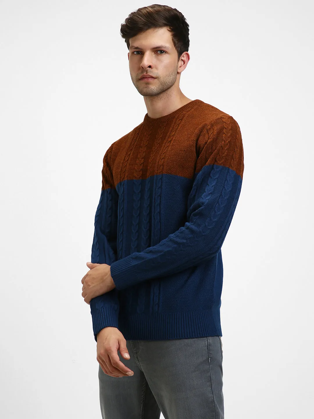 Men's Rust ColorBlock Round Neck Pullover Sweater