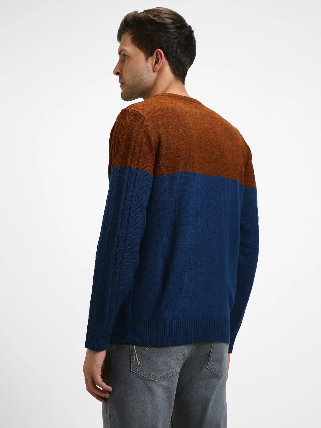 Men's Rust ColorBlock Round Neck Pullover Sweater