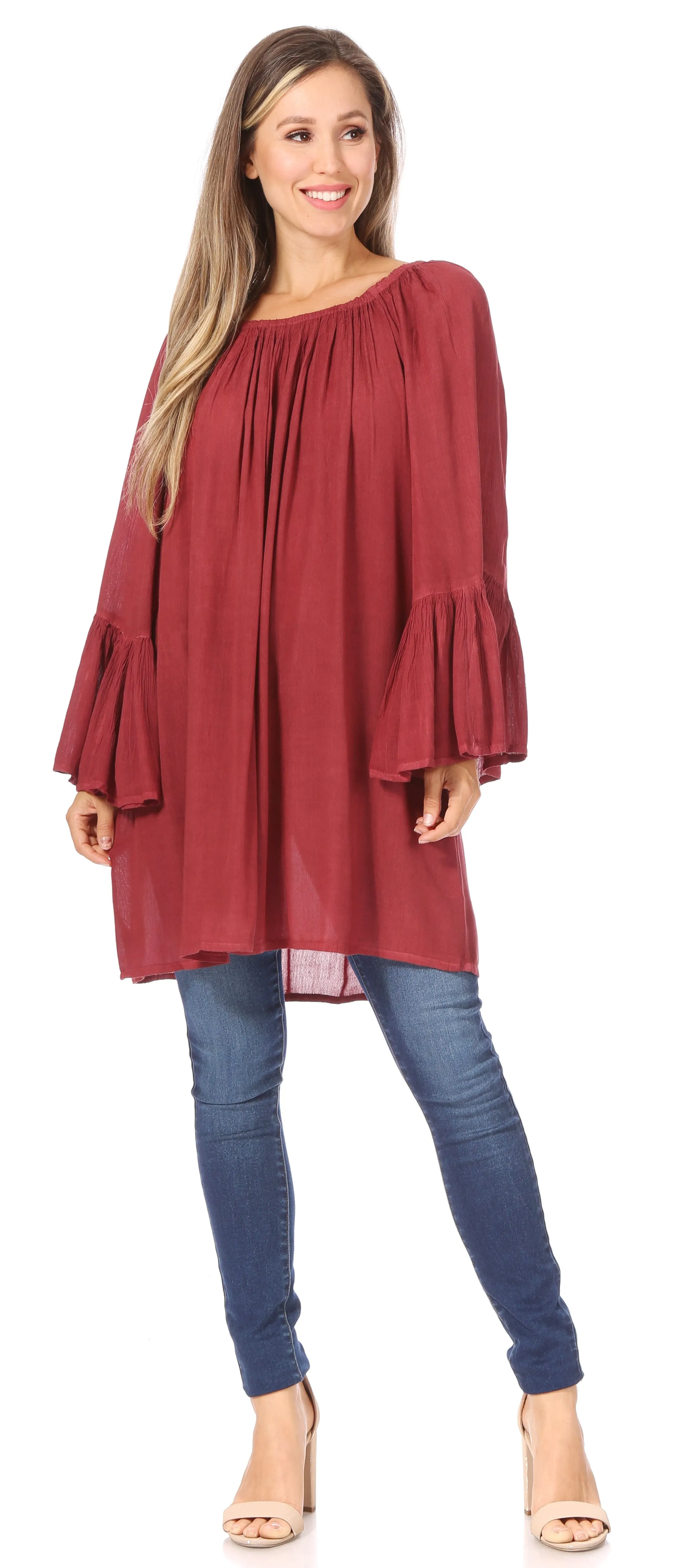 Sakkas Anna Casual Flowy Wide Neck 3/4 Sleeve Light Summer Boho Blouse Top