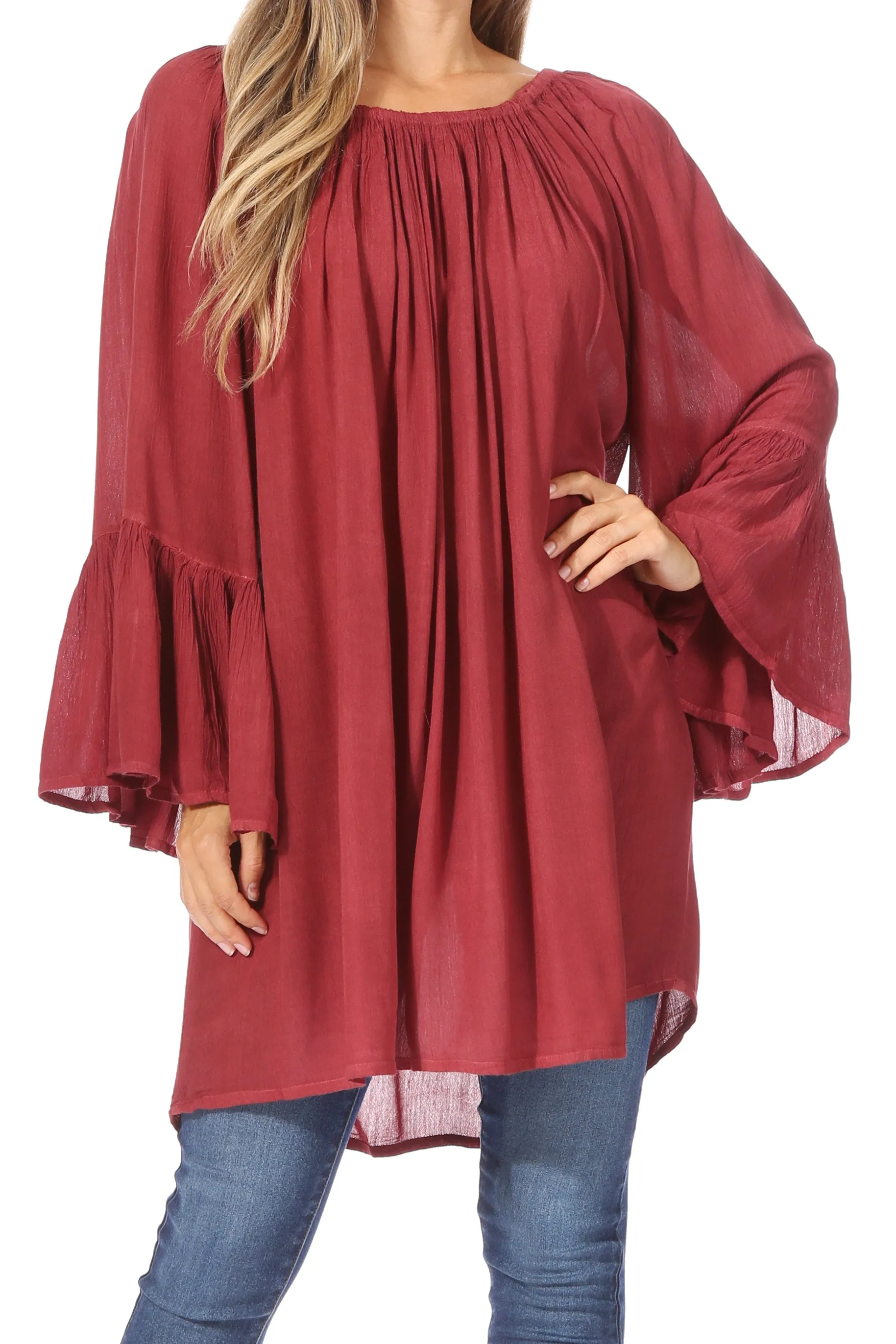 Sakkas Anna Casual Flowy Wide Neck 3/4 Sleeve Light Summer Boho Blouse Top