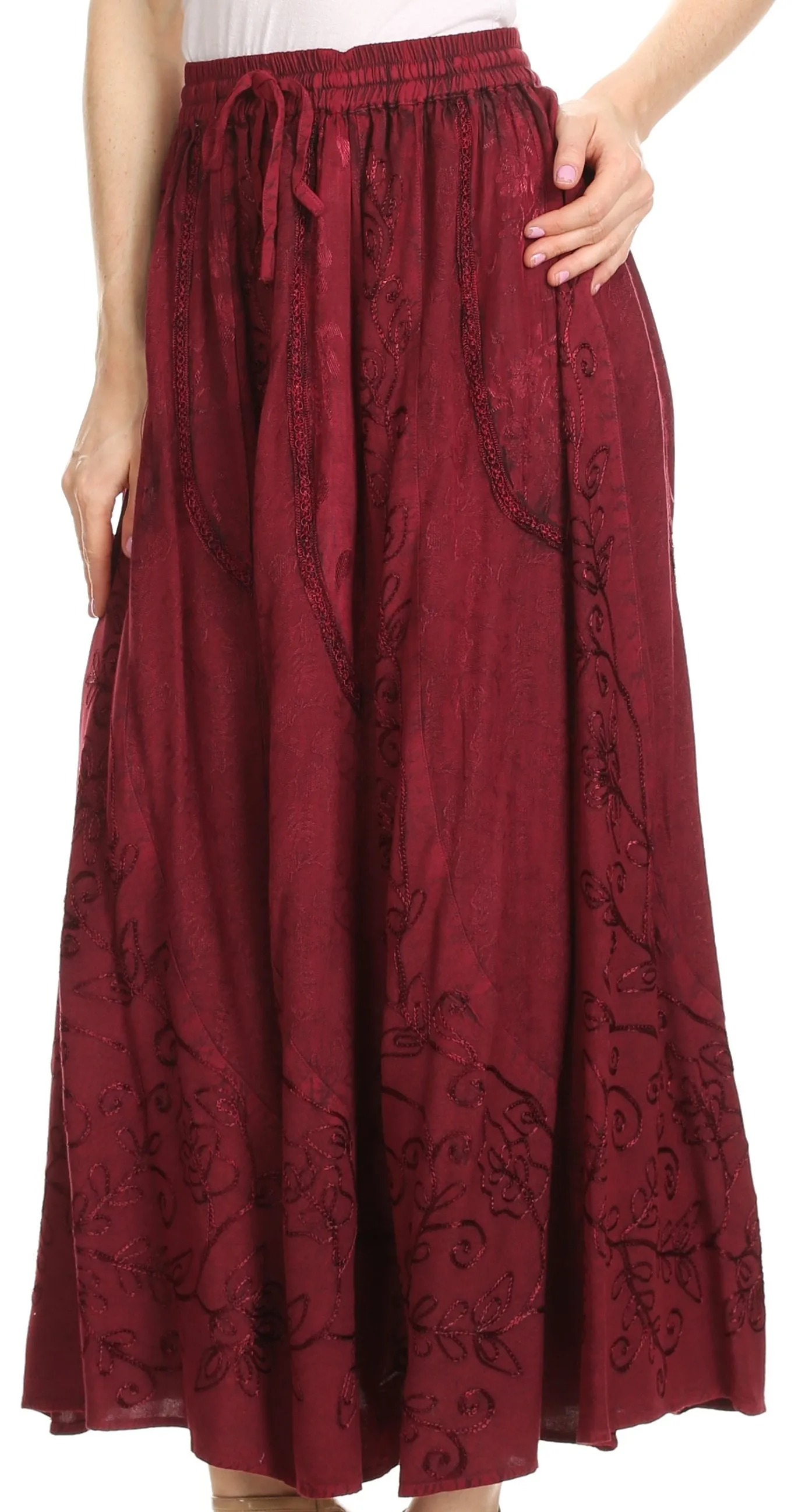 Sakkas Debora Full Length Embroidered Maxi Skirt with Adjustable Waist