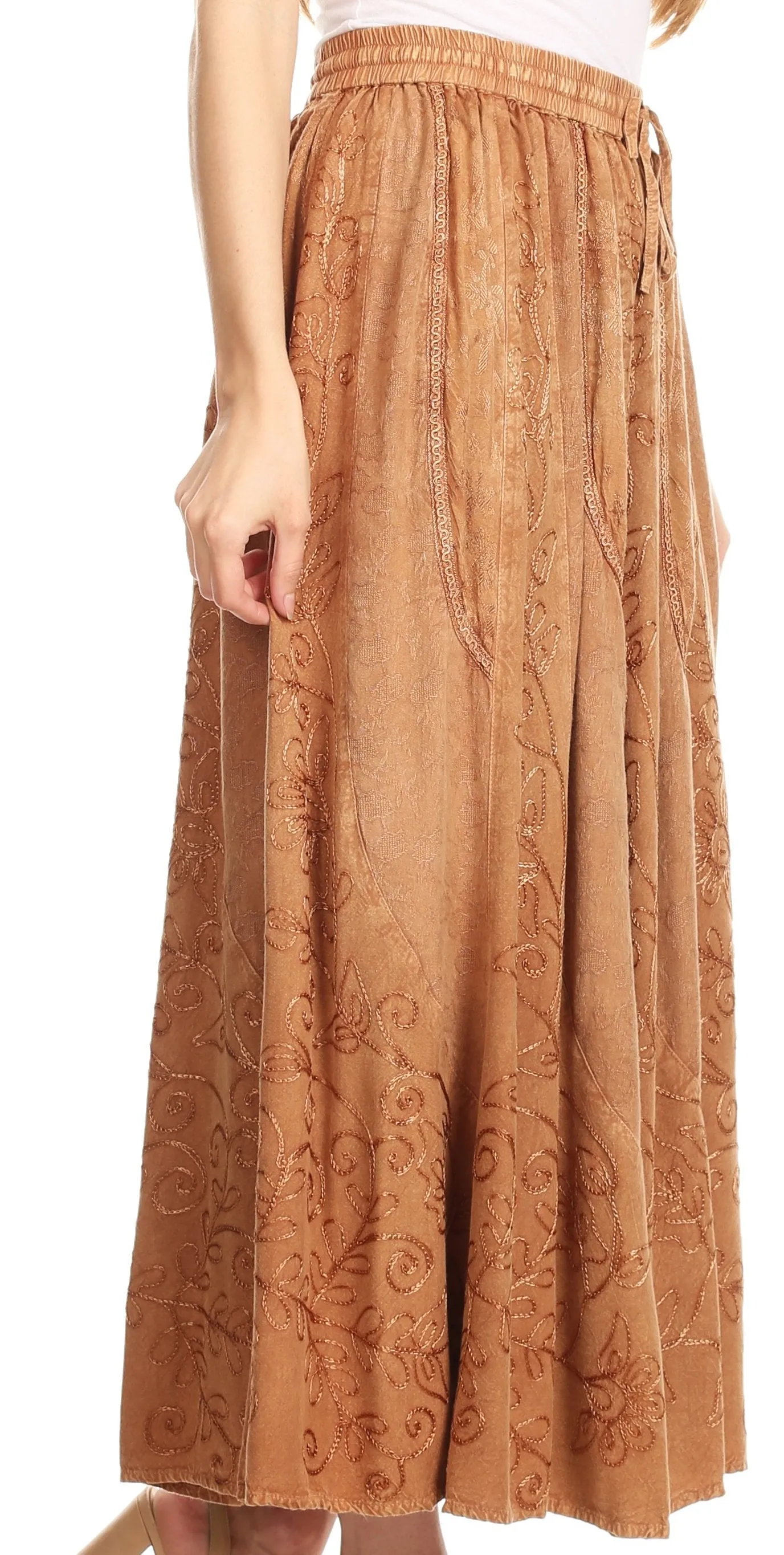 Sakkas Debora Full Length Embroidered Maxi Skirt with Adjustable Waist