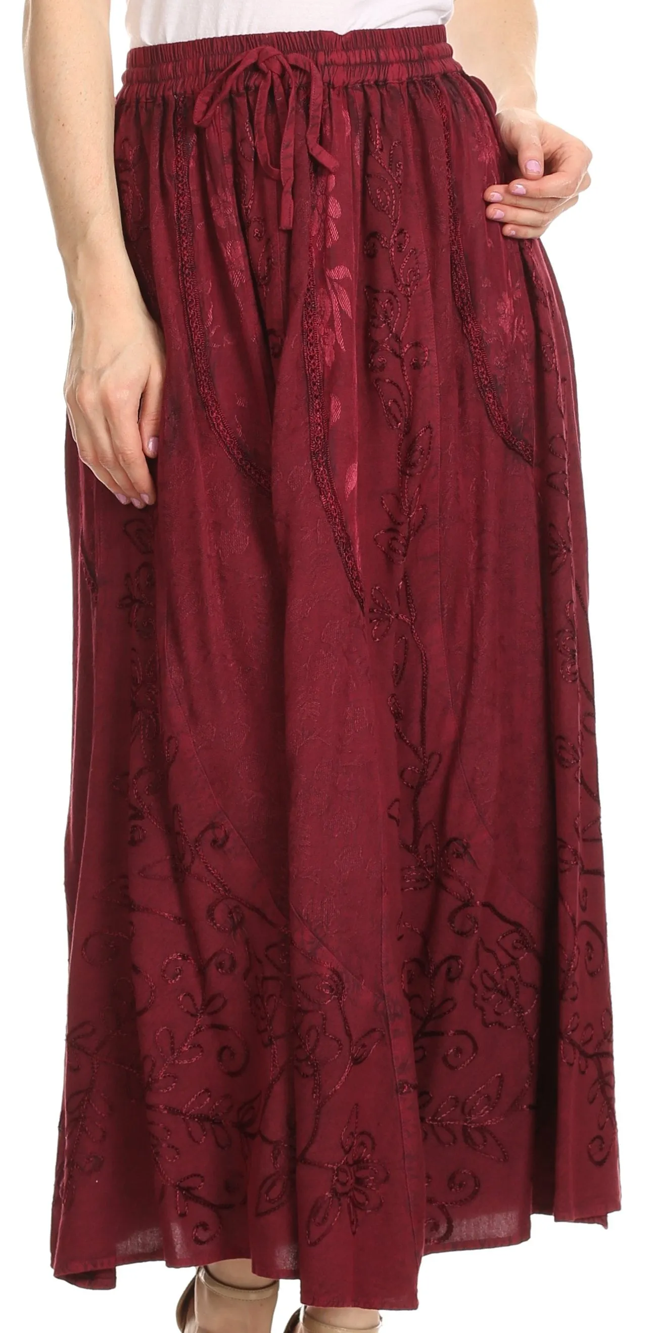 Sakkas Debora Full Length Embroidered Maxi Skirt with Adjustable Waist