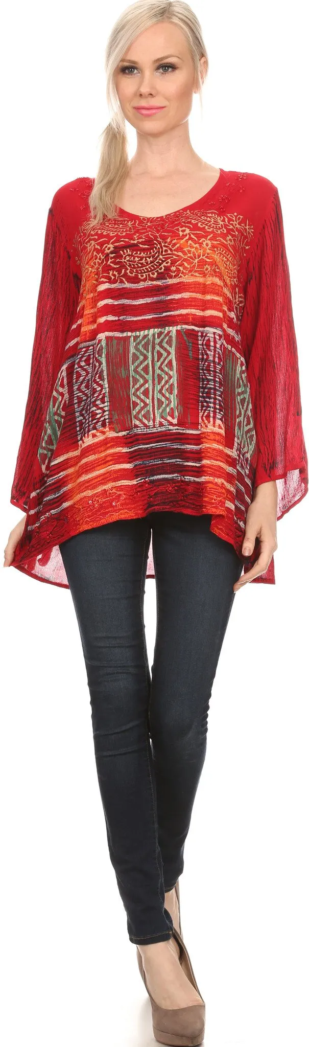 Sakkas Franchesca Sequine Embroidered Aztec Print Long Sleeve Blouse Shirt Top