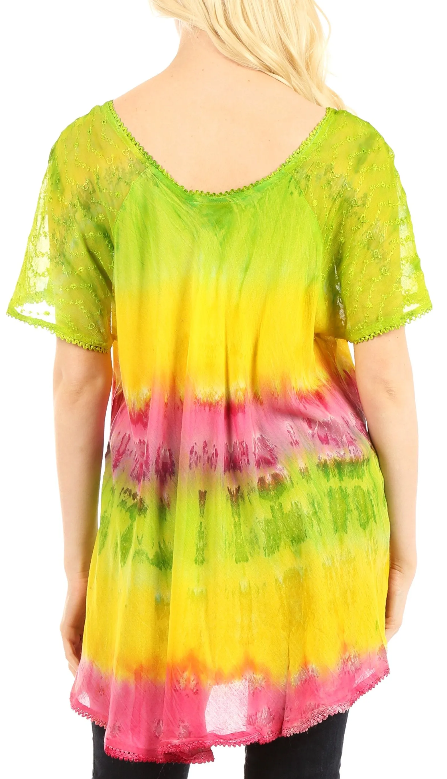 Sakkas Monet Long Tall Tie Dye Ombre Embroidered Cap Sleeve Blouse Shirt Top