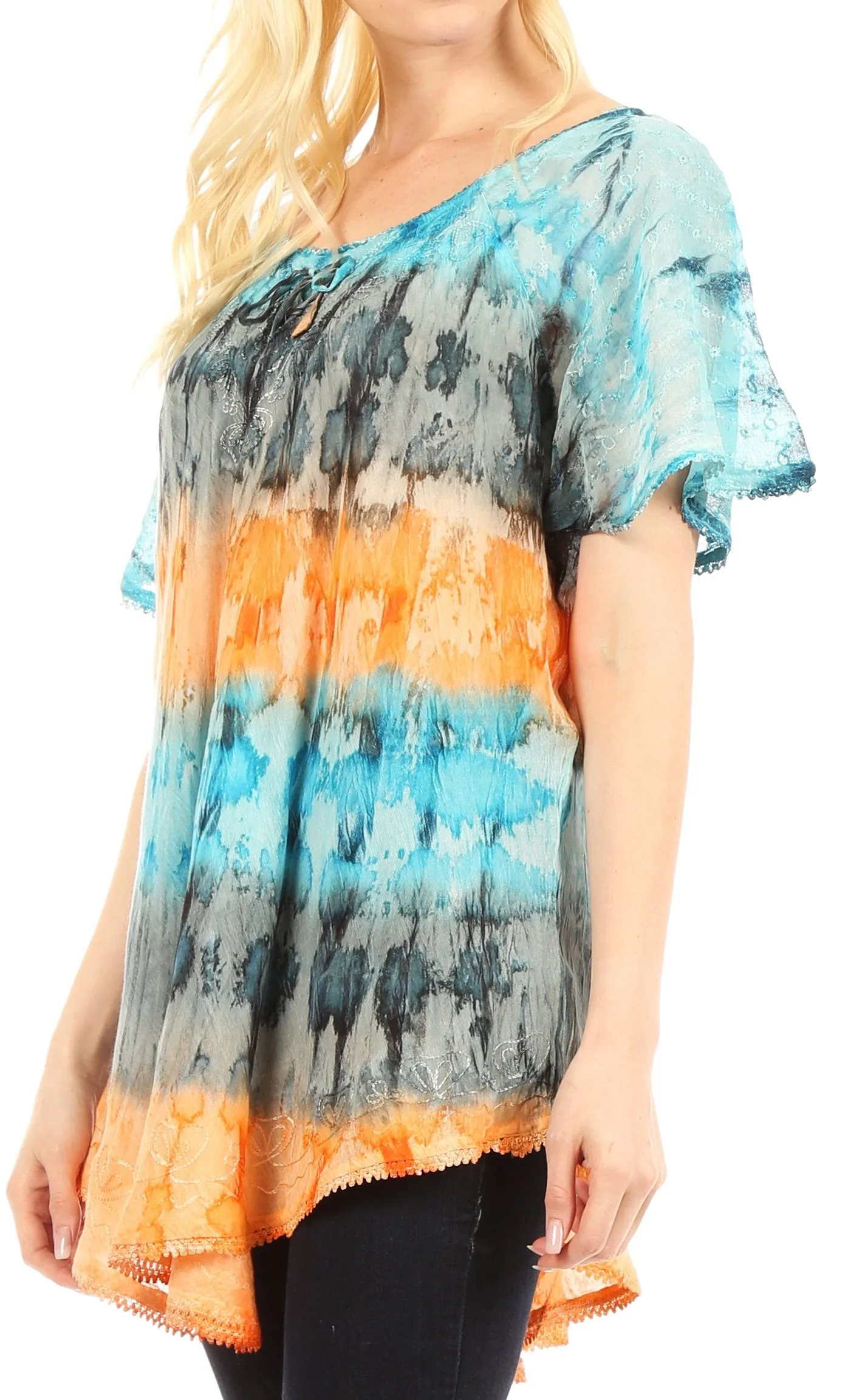 Sakkas Monet Long Tall Tie Dye Ombre Embroidered Cap Sleeve Blouse Shirt Top