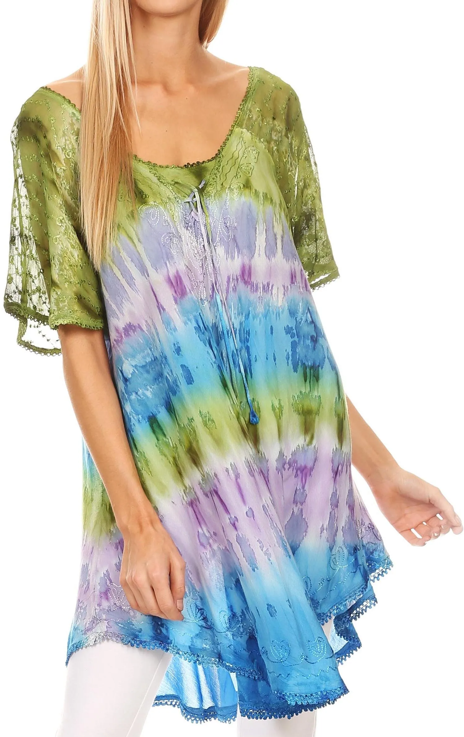 Sakkas Monet Long Tall Tie Dye Ombre Embroidered Cap Sleeve Blouse Shirt Top