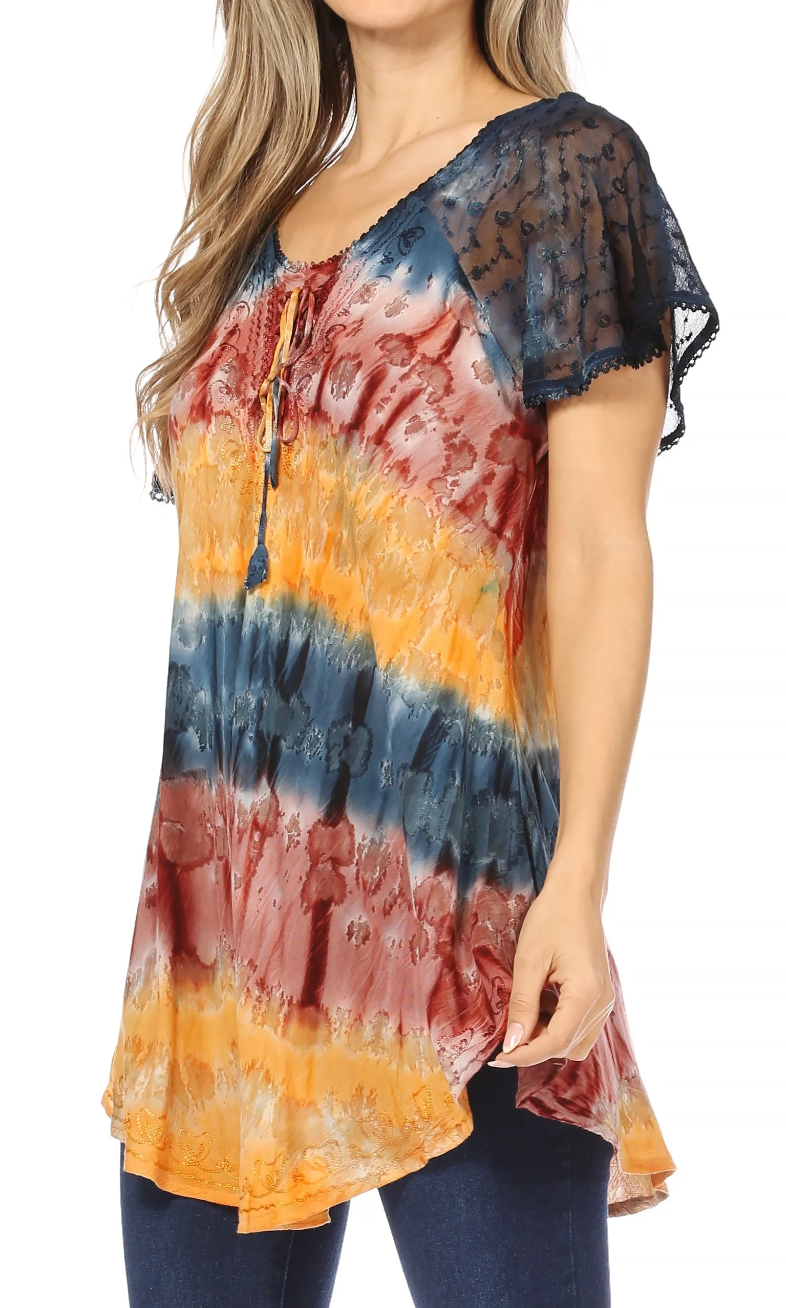 Sakkas Monet Long Tall Tie Dye Ombre Embroidered Cap Sleeve Blouse Shirt Top