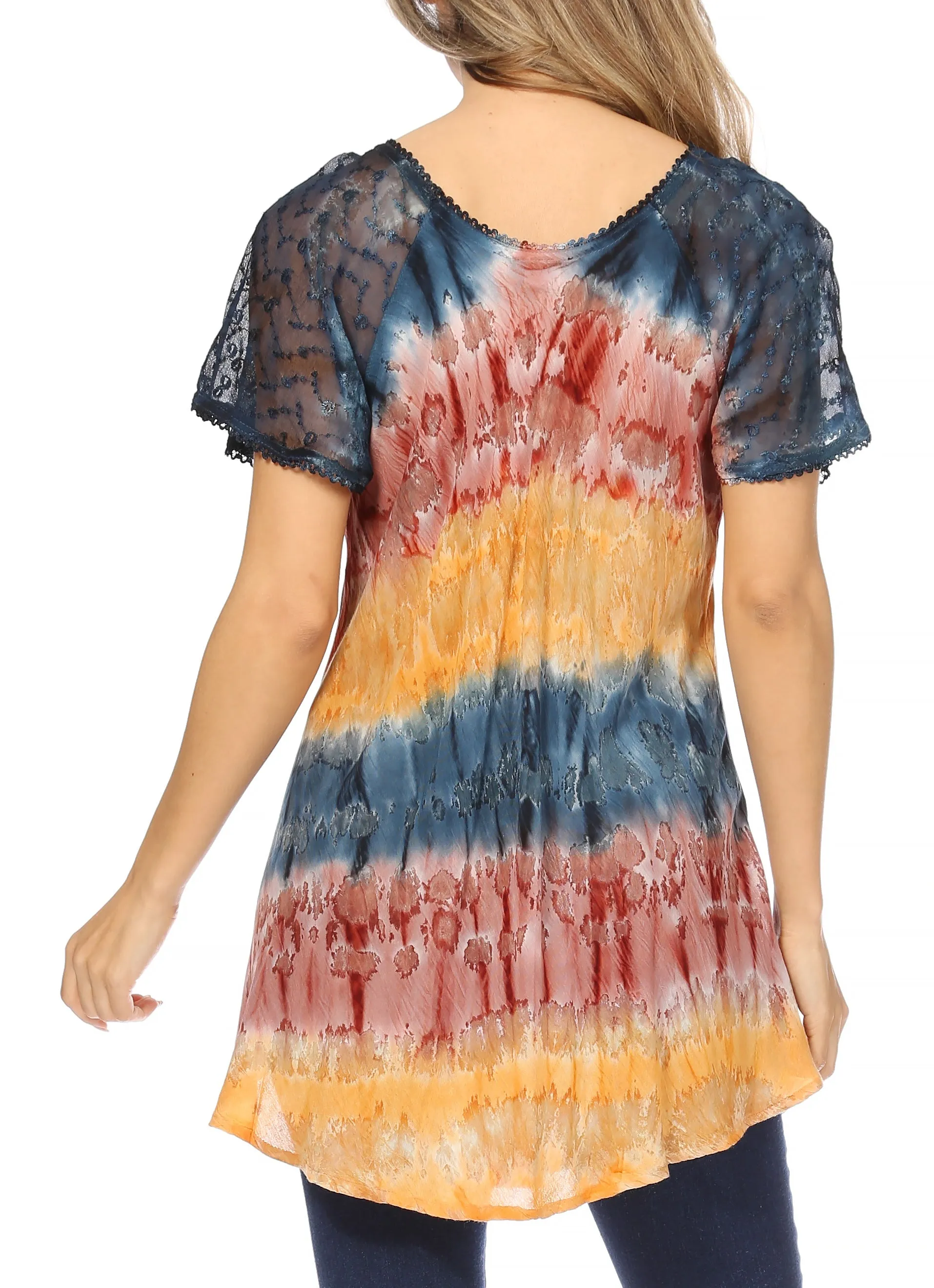 Sakkas Monet Long Tall Tie Dye Ombre Embroidered Cap Sleeve Blouse Shirt Top