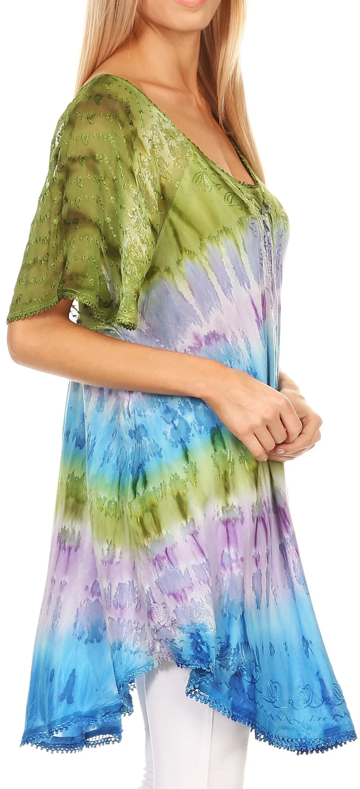 Sakkas Monet Long Tall Tie Dye Ombre Embroidered Cap Sleeve Blouse Shirt Top