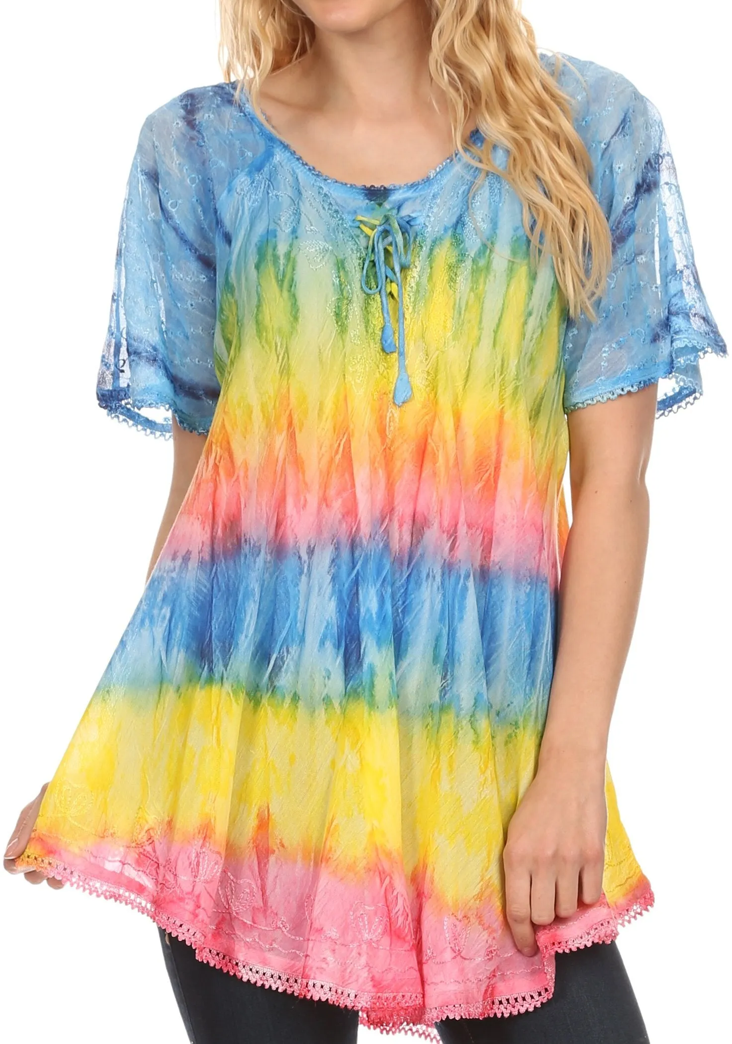 Sakkas Monet Long Tall Tie Dye Ombre Embroidered Cap Sleeve Blouse Shirt Top