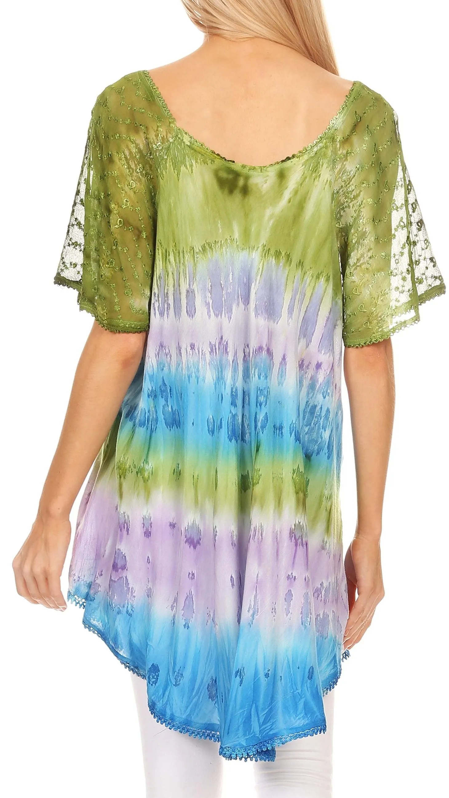 Sakkas Monet Long Tall Tie Dye Ombre Embroidered Cap Sleeve Blouse Shirt Top