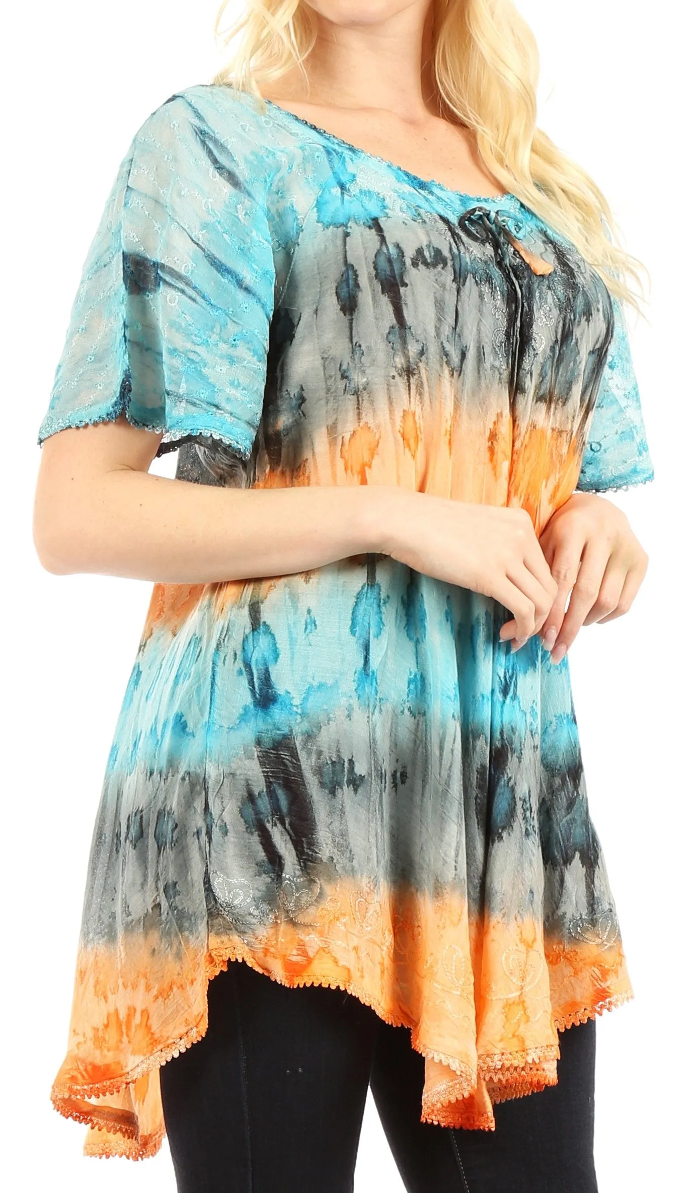 Sakkas Monet Long Tall Tie Dye Ombre Embroidered Cap Sleeve Blouse Shirt Top