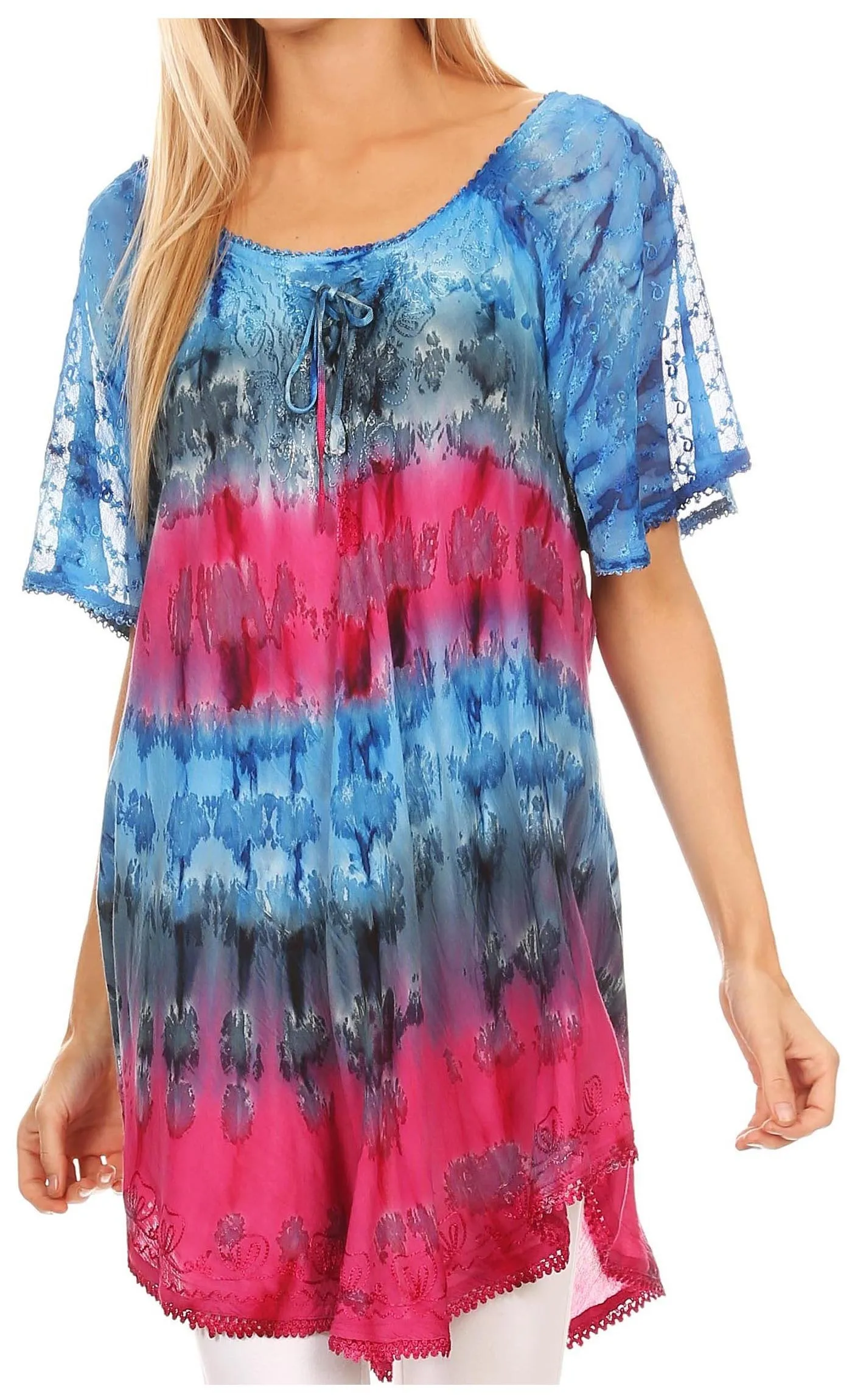 Sakkas Monet Long Tall Tie Dye Ombre Embroidered Cap Sleeve Blouse Shirt Top