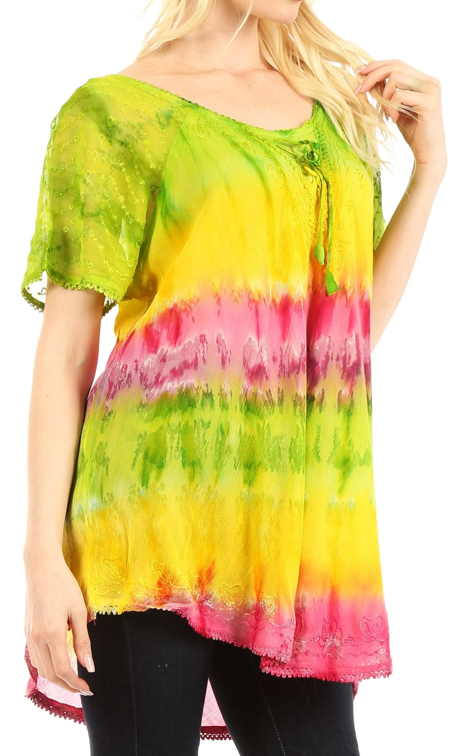 Sakkas Monet Long Tall Tie Dye Ombre Embroidered Cap Sleeve Blouse Shirt Top