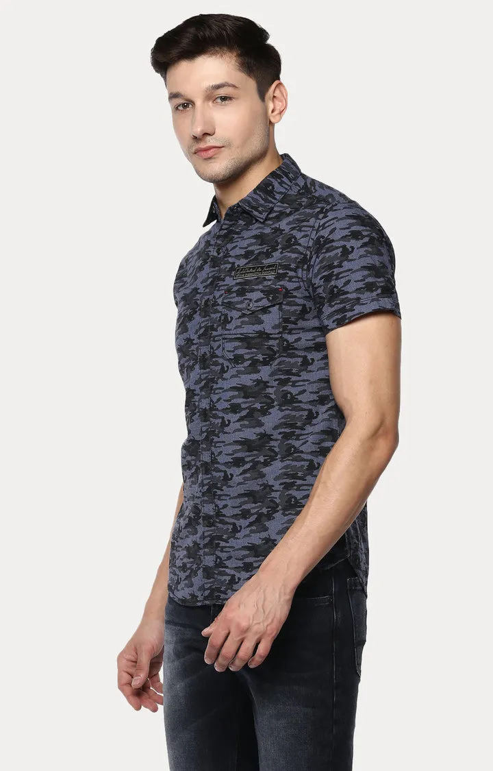 Spykar Men Blue Camouflage Slim Fit Casual Shirt