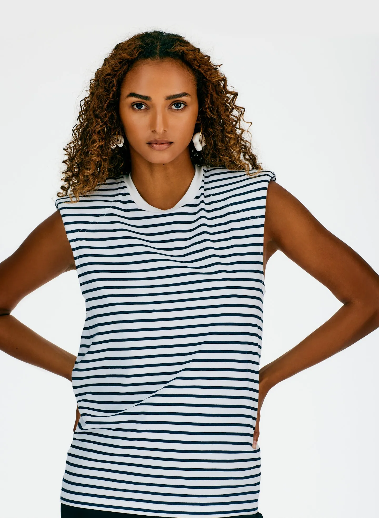 Striped Padded Shoulder Sleeveless T-Shirt