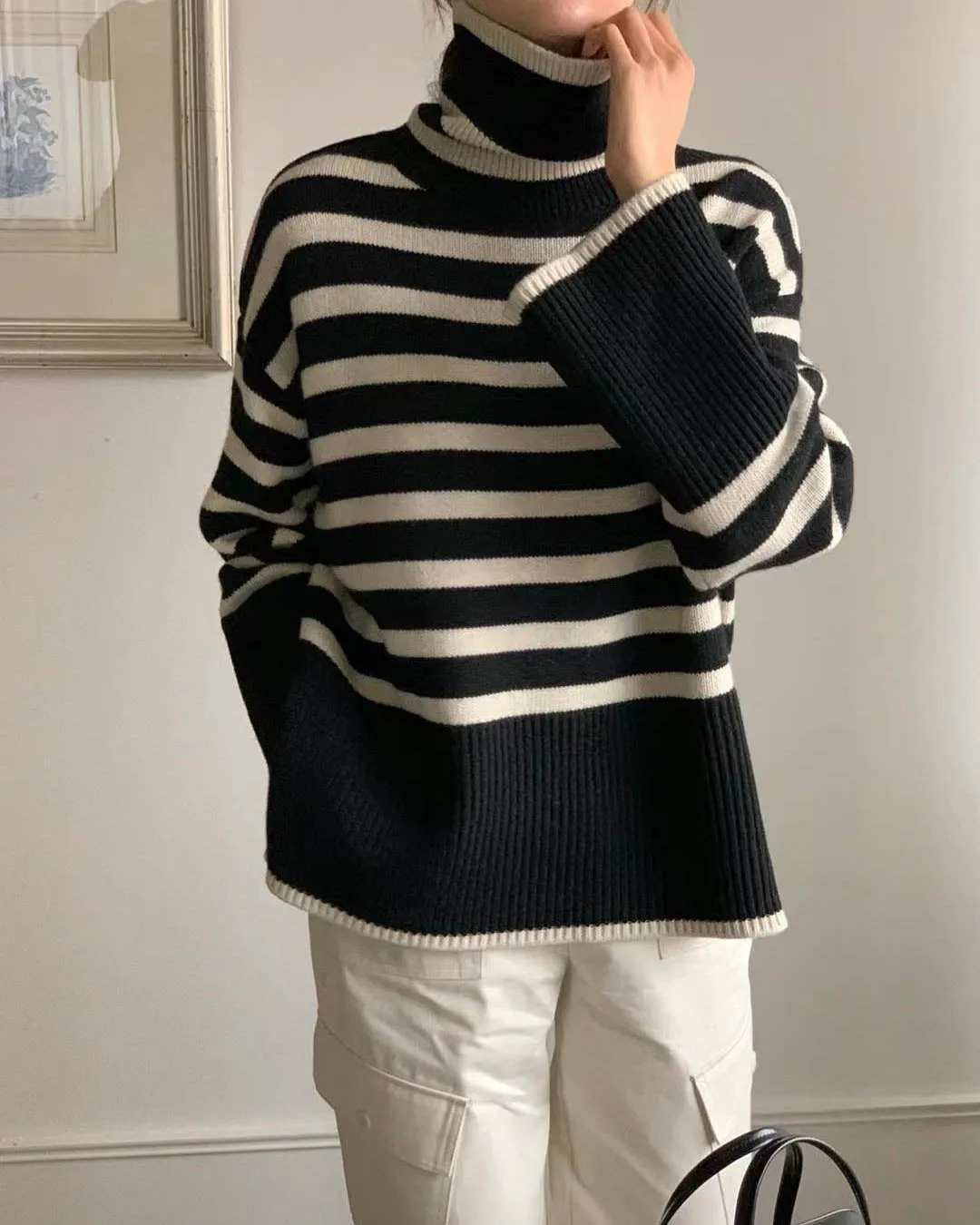 STRIPED WOOL CASHMERE TURTLENECK BLACK