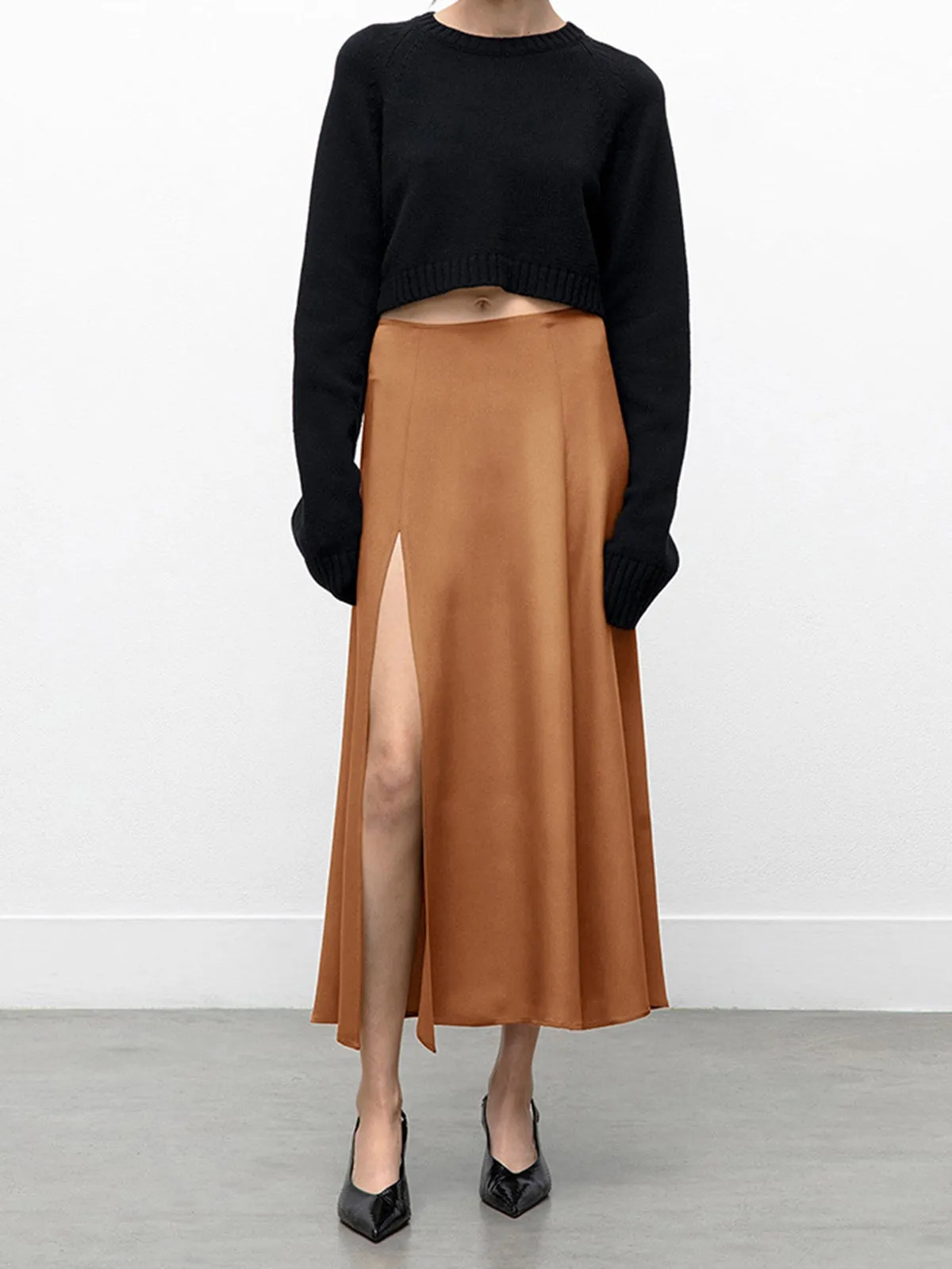 Terracotta Flowy Graceful Slit Midi Skirt