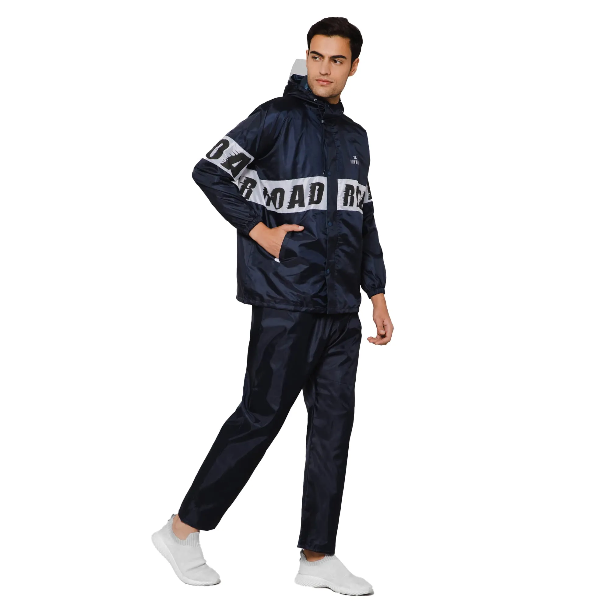 THE CLOWNFISH Road Rider Men's Waterproof Raincoat Polyester Double Coating Reversible Rain Suit with Hood & Inner Mobile Pocket. Set of Top and Bottom. Printed Plastic Pouch (Navy Blue, XX-Large)