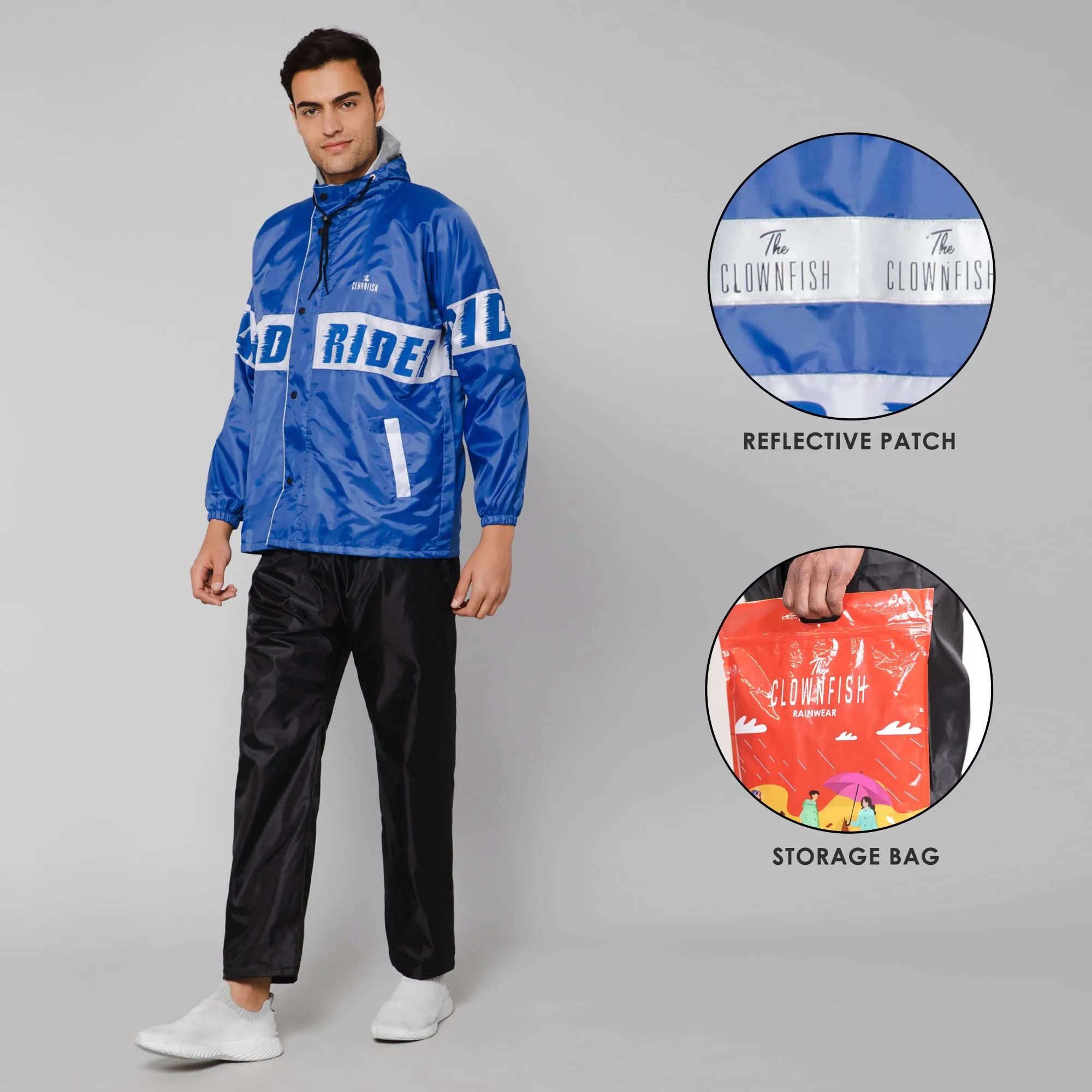 THE CLOWNFISH Road Rider Men's Waterproof Raincoat Polyester Double Coating Reversible Rain Suit with Hood & Inner Mobile Pocket. Set of Top and Bottom. Printed Plastic Pouch (Royal Blue, X-Large)