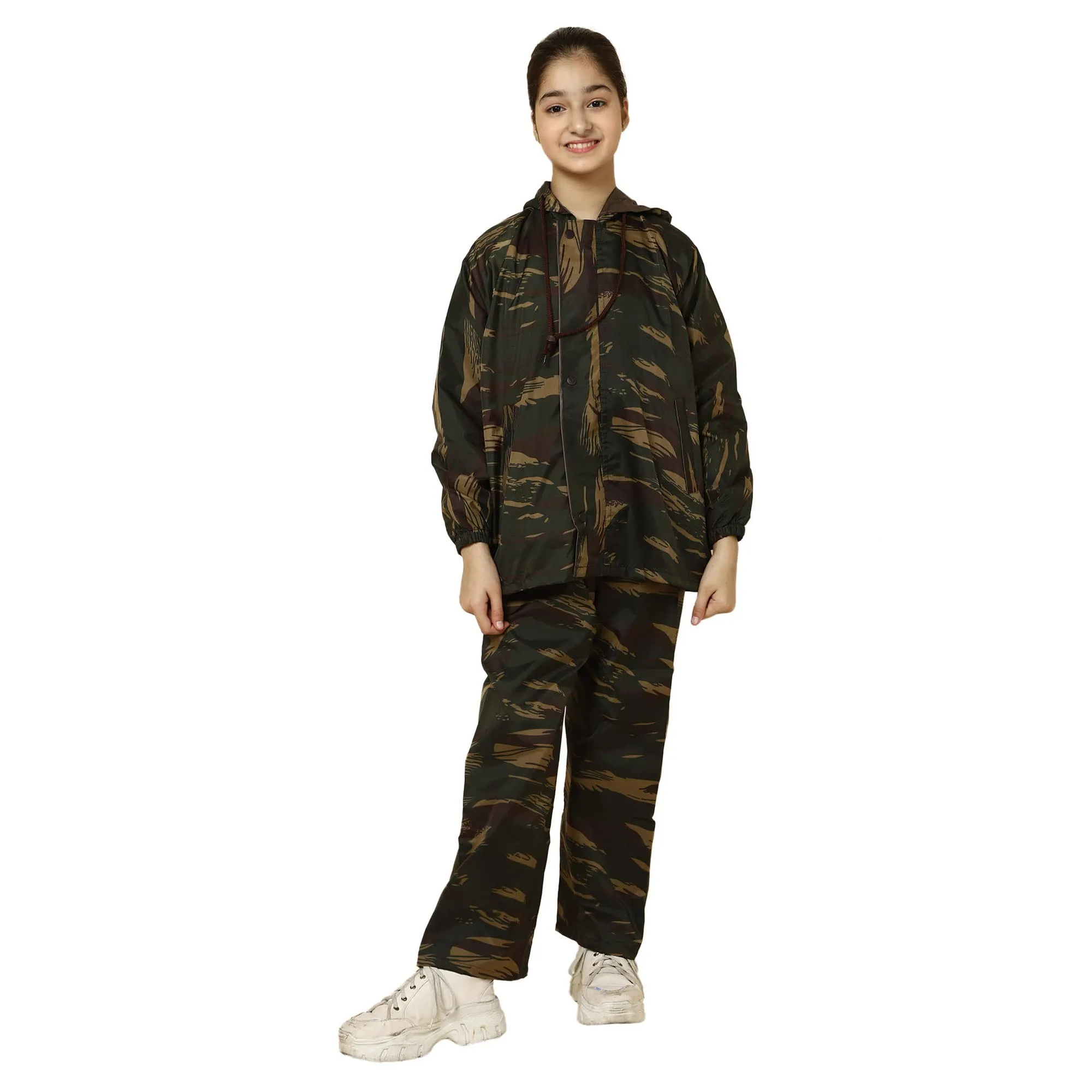 THE CLOWNFISH Scout Series Kids Polyester Double Coating Reversible Raincoat with Hood and Reflector Logo at Back. Set of Top and Bottom. Printed Plastic Pouch. Kid Age-11-13 years (Green Camo)