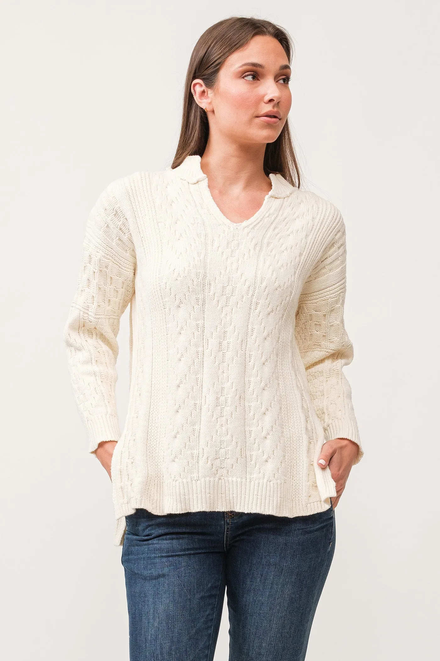 THORA V-NECK LONG SLEEVE RELAXED FIT SWEATER ANTIQUE WHITE