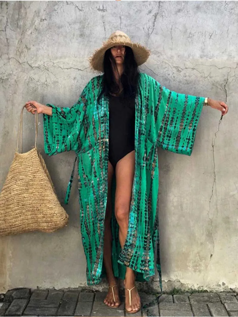 Tie-Dye Print Different Color Rayon Long Length Gown Kimono Duster Robe