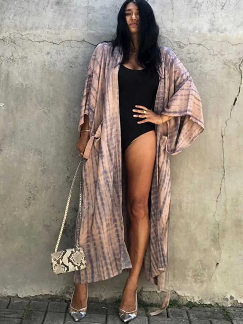 Tie-Dye Print Different Color Rayon Long Length Gown Kimono Duster Robe