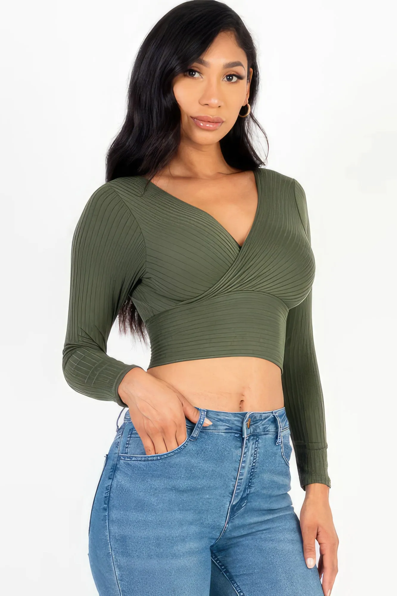 Women's  Ribbed Wrap Front Long Sleeve Top